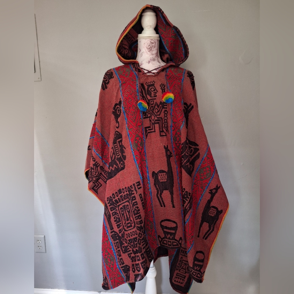 Peruvian Alpaca Oscatex unisex multi  color rainbow hooded poncho free size